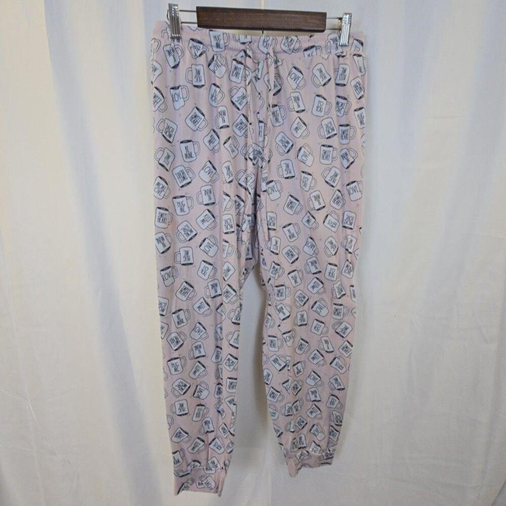 Rae Dunn Pajama Pants Womens XL Pink Mug Love Quote Graphic Jogger Lounge